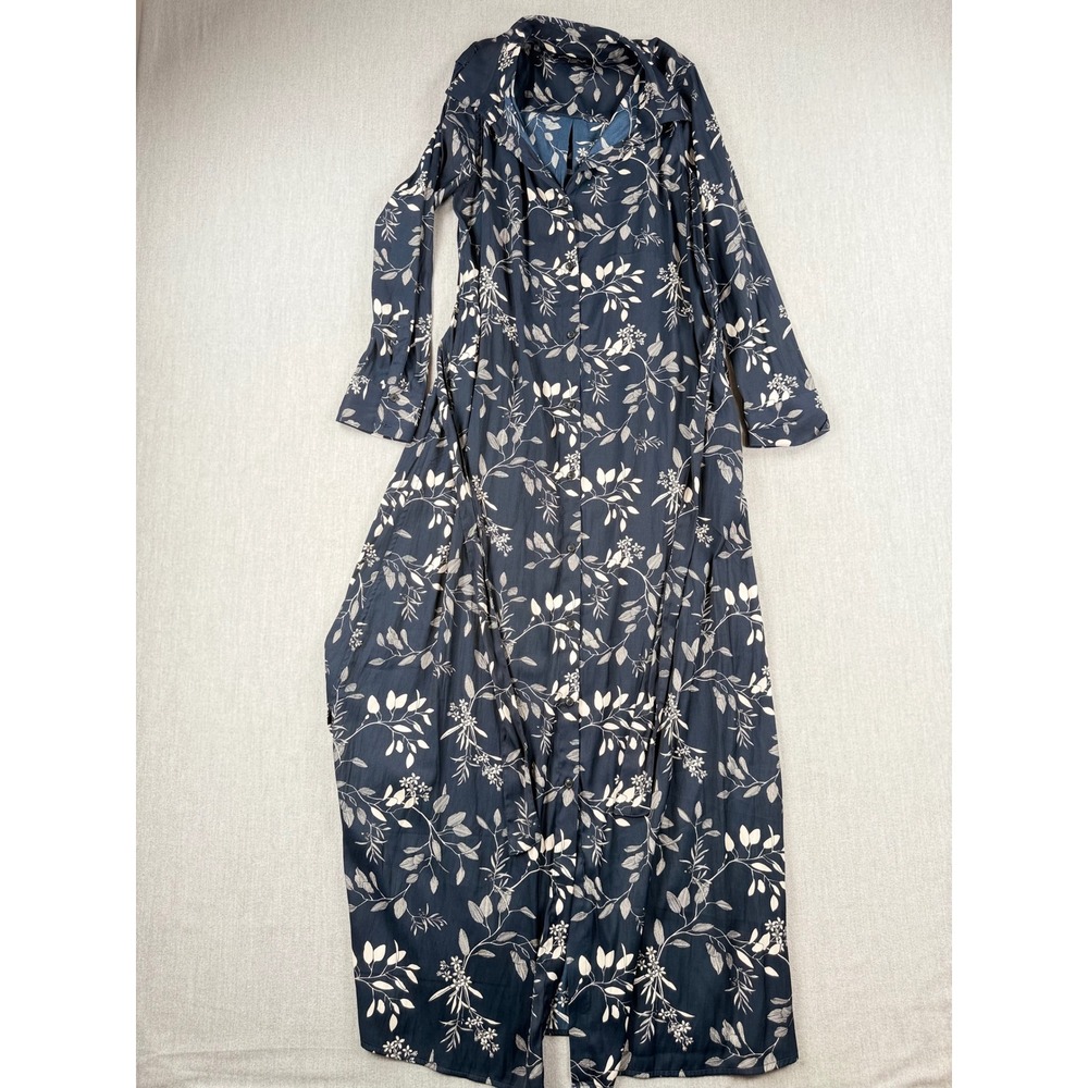 Banana Republic Navy Blue Floral Botanical Maxi Shirt Dress Long Sleeve Large